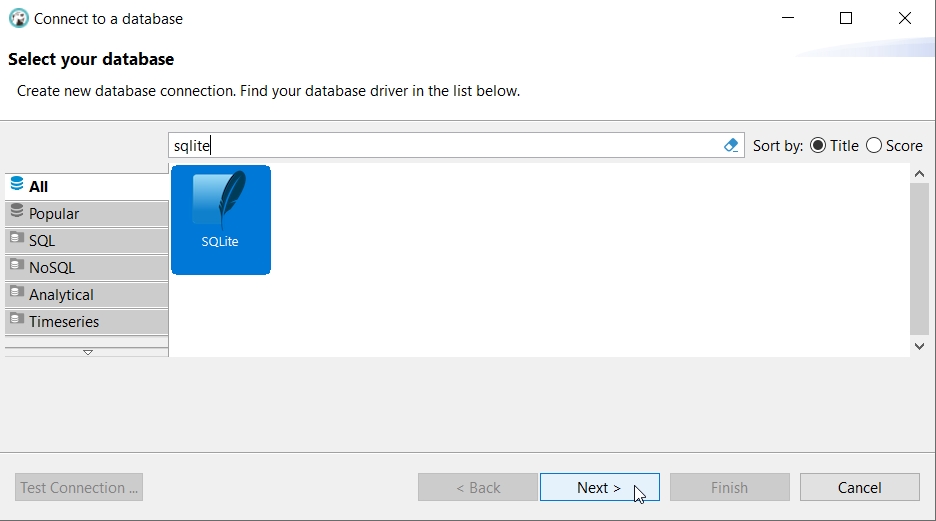 The Create Database Connection dialog with SQLite selected