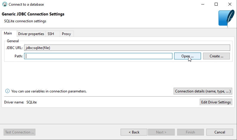 Select your SQLite Database file and click Finish