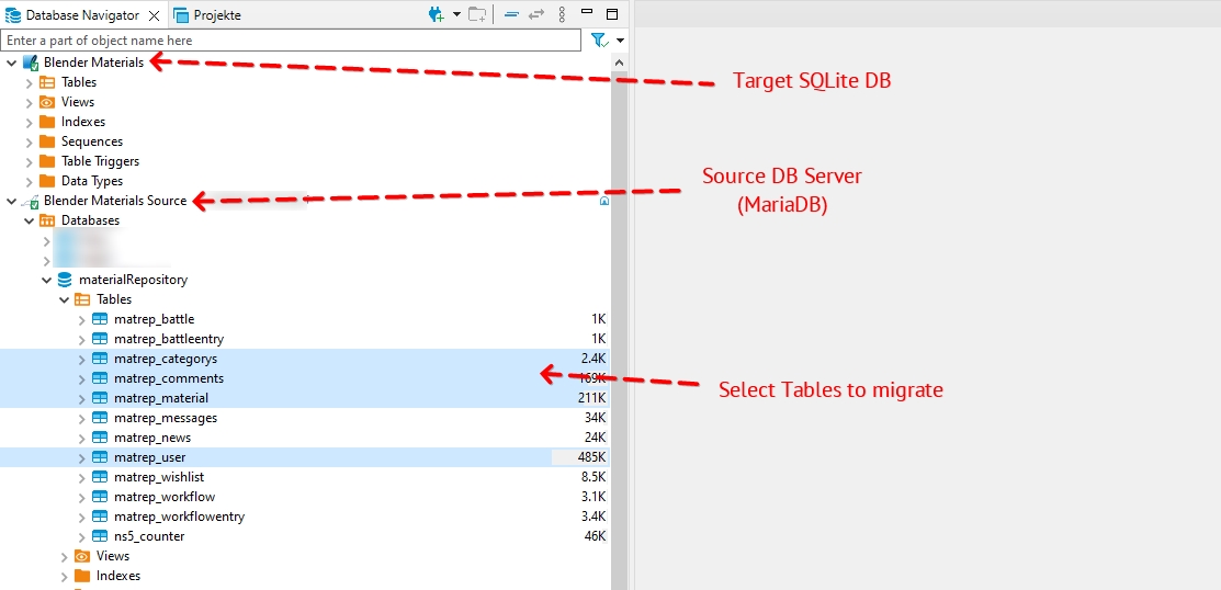 DBeaver Database Navigator showing the two databases and the selected tables