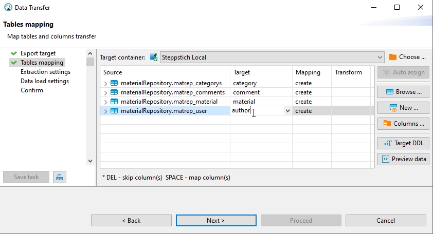 The table mapping dialog showing how the selected tables will be named in the SQLite database